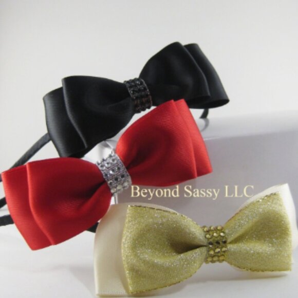 Tuxedo Rhinestone Bow Headband Christmas Holiday Festive Bling Hair Bow - Picture 1 of 5